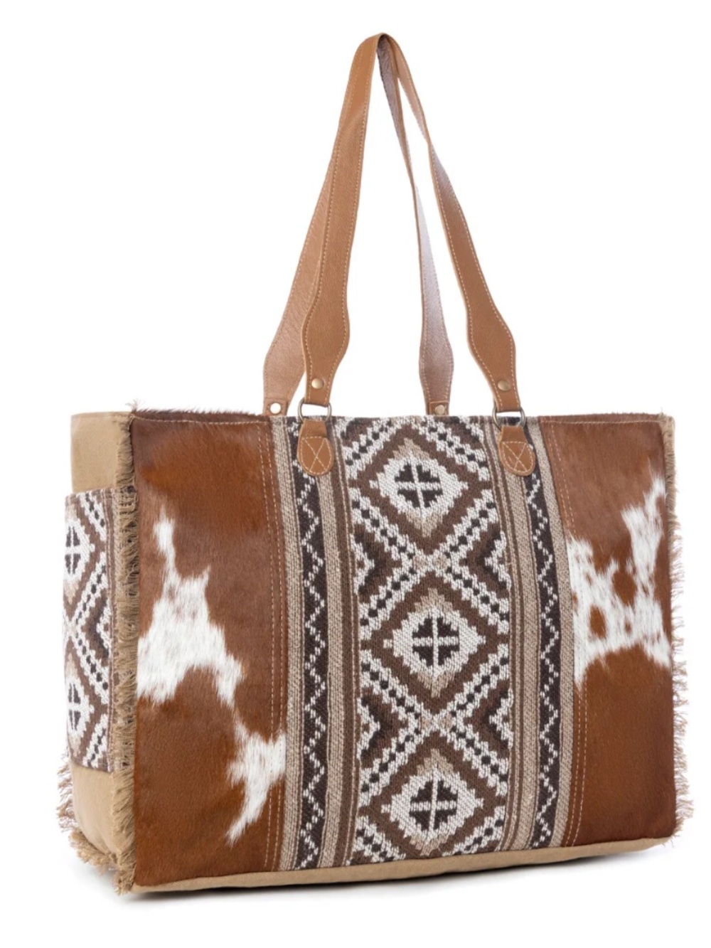 Myra Elisa Boho Cowhide & Woven Tote Bag in Brown Mix, new - Picture 2 of 8